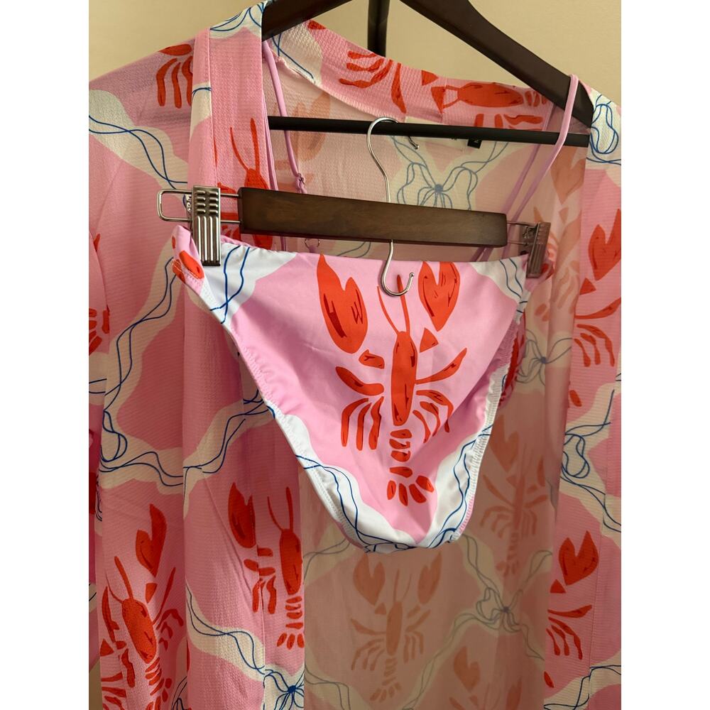 NWOT 3 piece crawfish lobster pink & red bikini set size medium tiktok viral - Picture 10 of 10